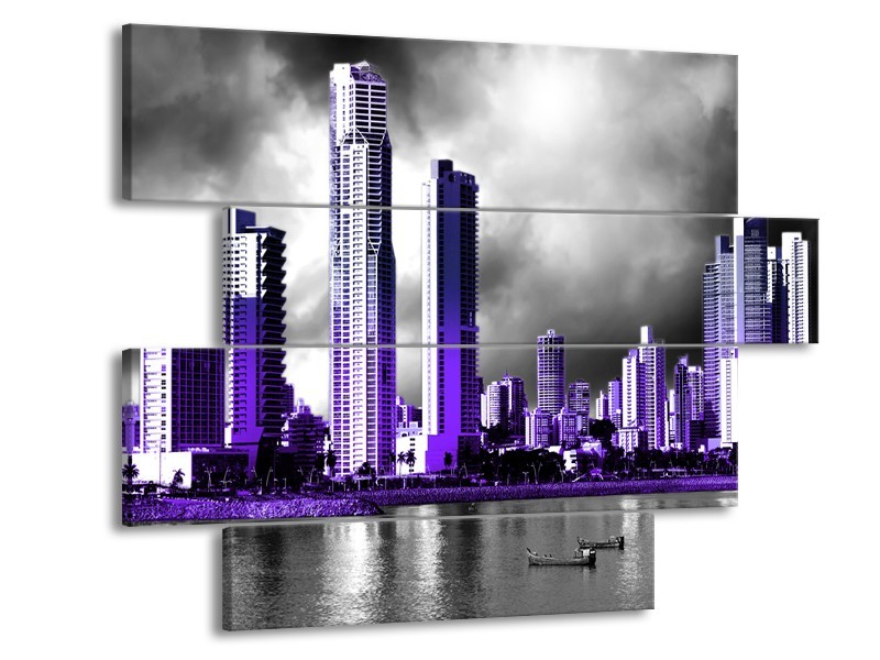 Glas schilderij Wolkenkrabber | Paars, Grijs | 115x85cm 4Luik