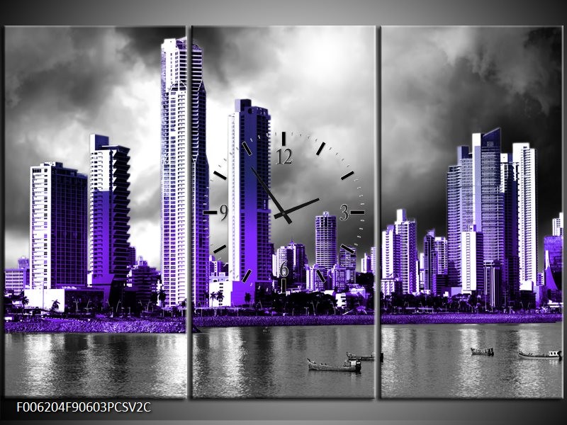 Klok schilderij Wolkenkrabber | Paars, Grijs | 90x60cm 3Luik