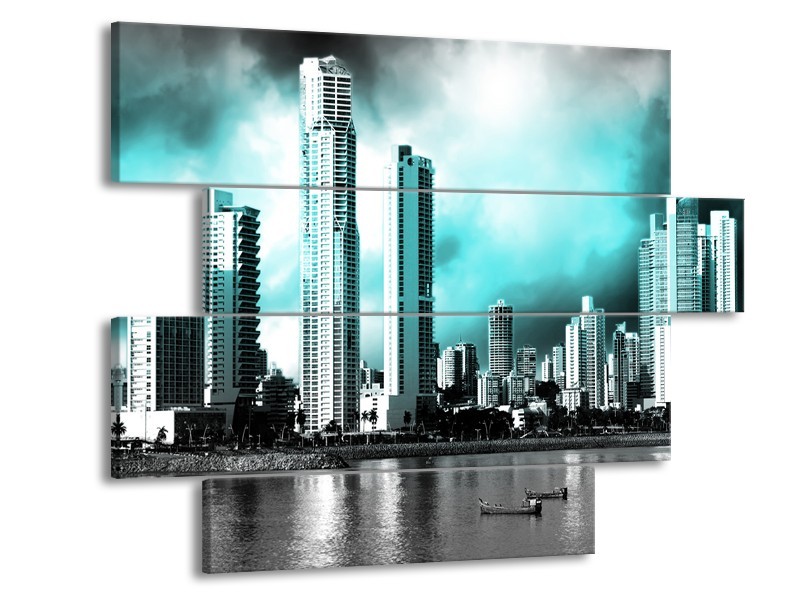 Glas schilderij Wolkenkrabber | Blauw, Groen, Grijs | 115x85cm 4Luik