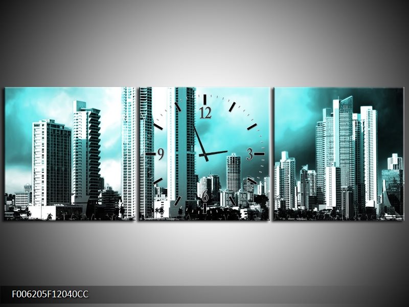 Klok schilderij Wolkenkrabber | Blauw, Groen, Grijs | 120x40cm 3Luik