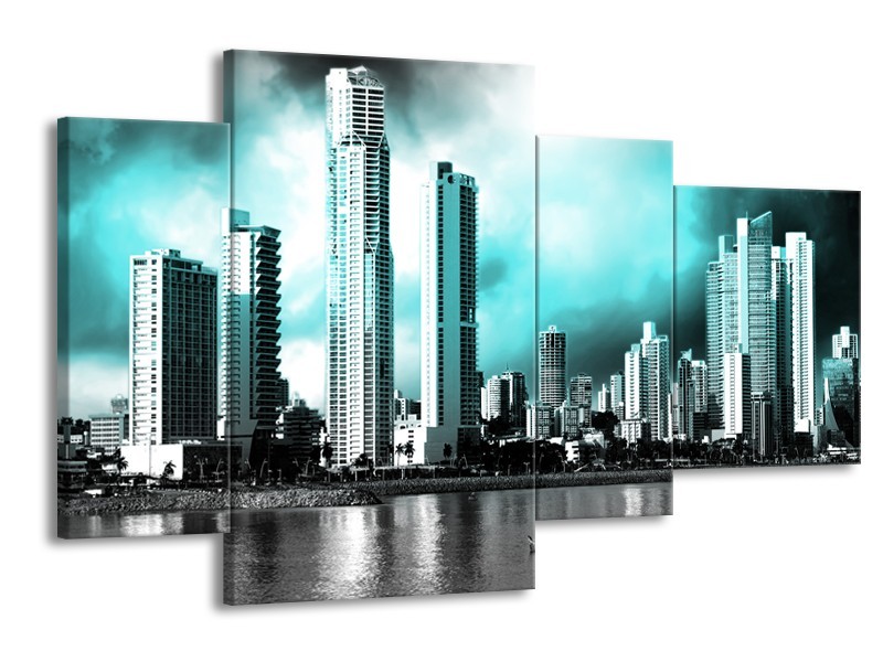 Glas schilderij Wolkenkrabber | Blauw, Groen, Grijs | 120x75cm 4Luik