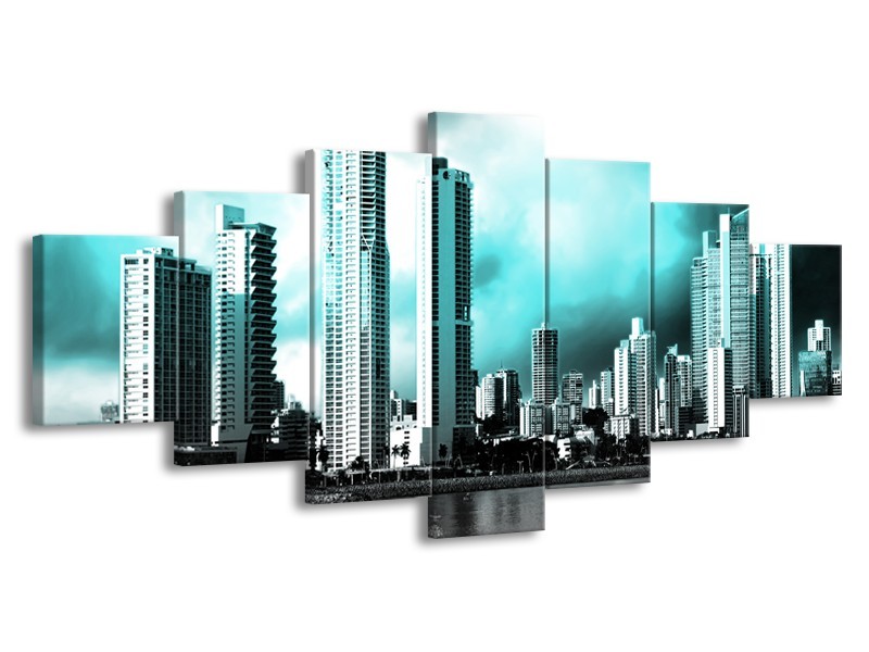 Glas schilderij Wolkenkrabber | Blauw, Groen, Grijs | 210x100cm 7Luik