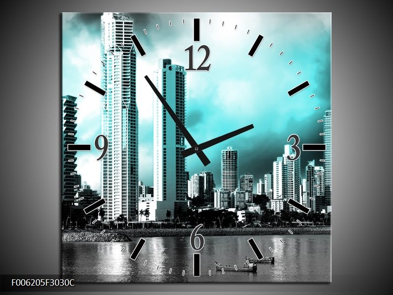 Klok schilderij Wolkenkrabber | Blauw, Groen, Grijs | 30x30cm 1Luik