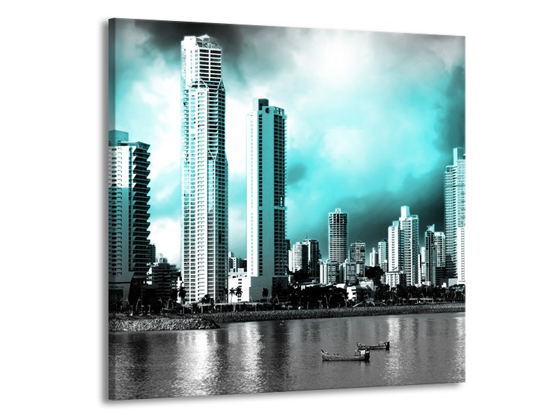 Glas schilderij Wolkenkrabber | Blauw, Groen, Grijs | 50x50cm 1Luik