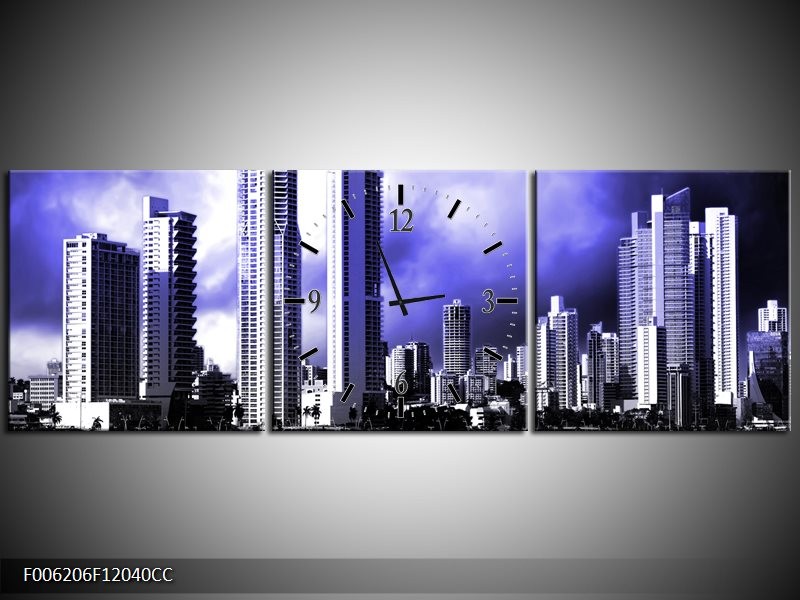 Klok schilderij Wolkenkrabber | Blauw, Grijs | 120x40cm 3Luik