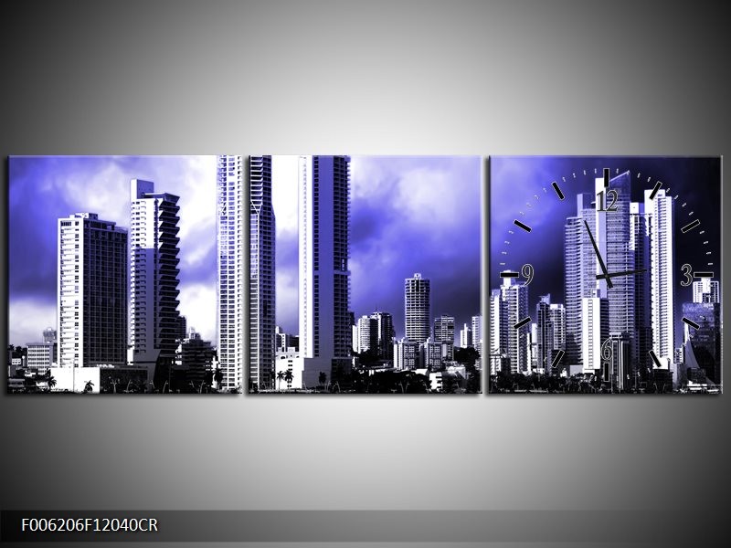 Klok schilderij Wolkenkrabber | Blauw, Grijs | 120x40cm 3Luik