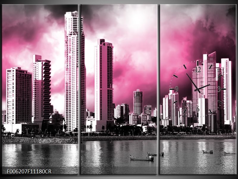 Klok schilderij Wolkenkrabber | Roze, Grijs | 111x80cm 3Luik
