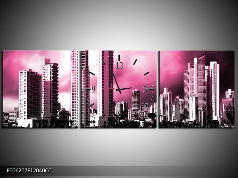 Klok schilderij Wolkenkrabber | Roze, Grijs | 120x40cm 3Luik
