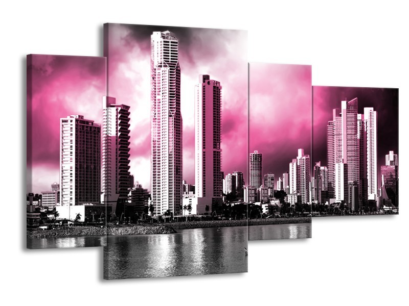 Glas schilderij Wolkenkrabber | Roze, Grijs | 120x75cm 4Luik