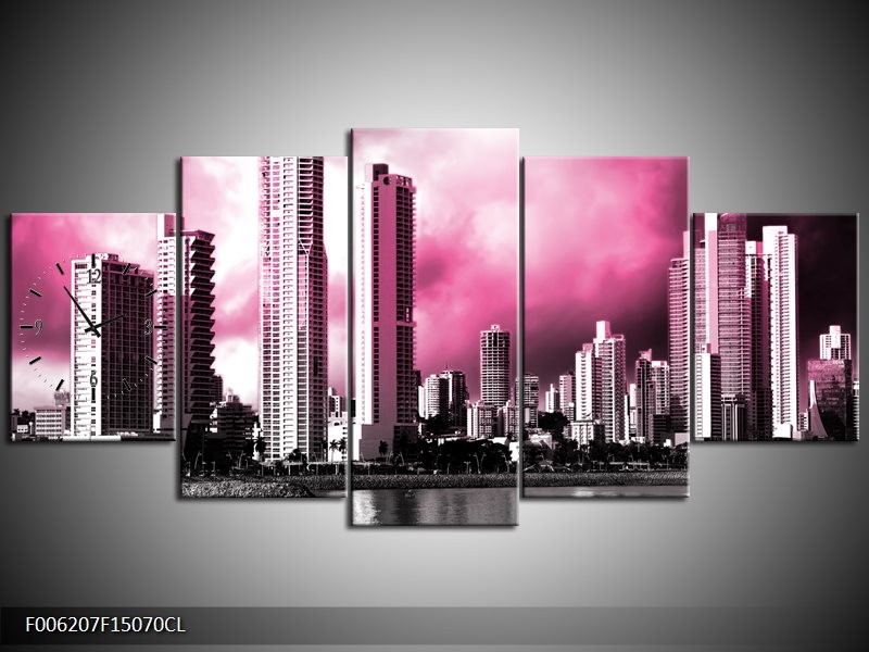 Klok schilderij Wolkenkrabber | Roze, Grijs | 150x70cm 5Luik