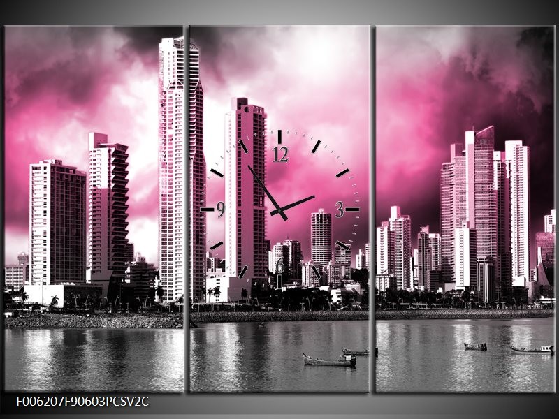 Klok schilderij Wolkenkrabber | Roze, Grijs | 90x60cm 3Luik