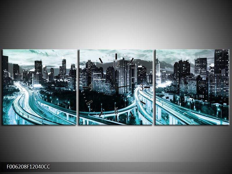 Klok schilderij Wolkenkrabber | Blauw, Groen, Grijs | 120x40cm 3Luik