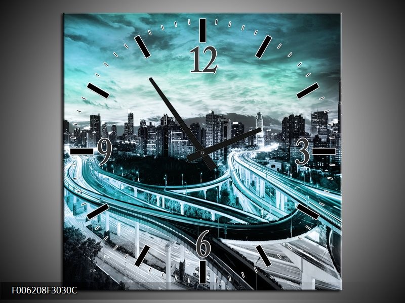 Klok schilderij Wolkenkrabber | Blauw, Groen, Grijs | 30x30cm 1Luik