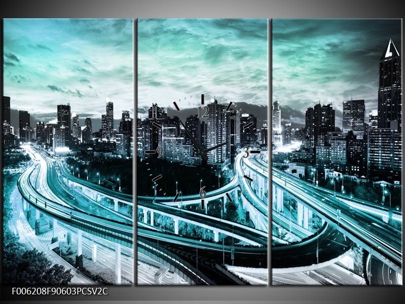 Klok schilderij Wolkenkrabber | Blauw, Groen, Grijs | 90x60cm 3Luik