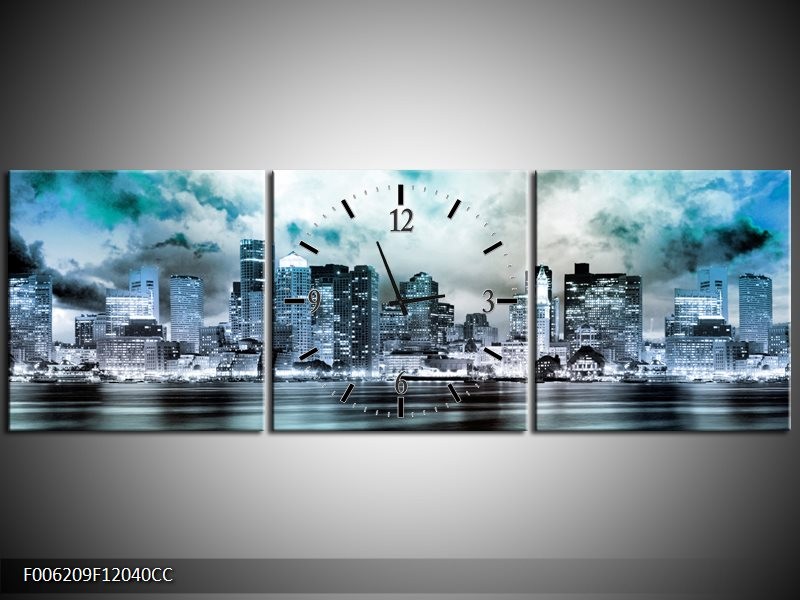 Klok schilderij Wolkenkrabber | Groen, Blauw | 120x40cm 3Luik