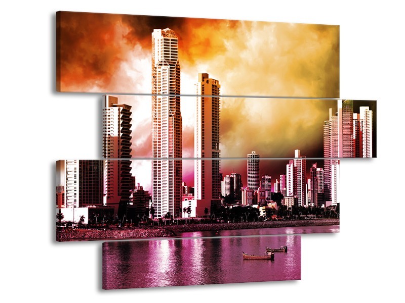 Glas schilderij Wolkenkrabber | Paars, Bruin, Roze | 115x85cm 4Luik