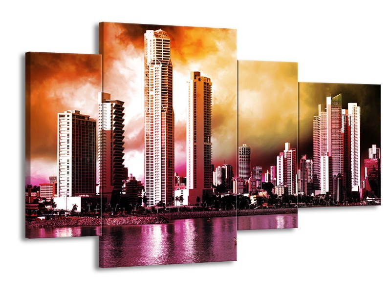 Glas schilderij Wolkenkrabber | Paars, Bruin, Roze | 120x75cm 4Luik