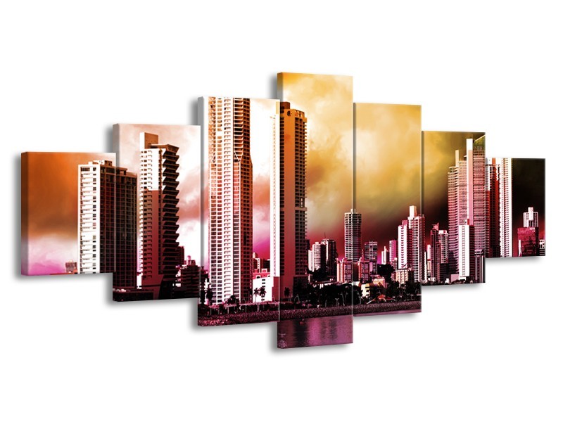 Glas schilderij Wolkenkrabber | Paars, Bruin, Roze | 210x100cm 7Luik