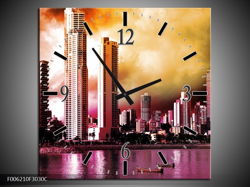 Klok schilderij Wolkenkrabber | Paars, Bruin, Roze | 30x30cm 1Luik