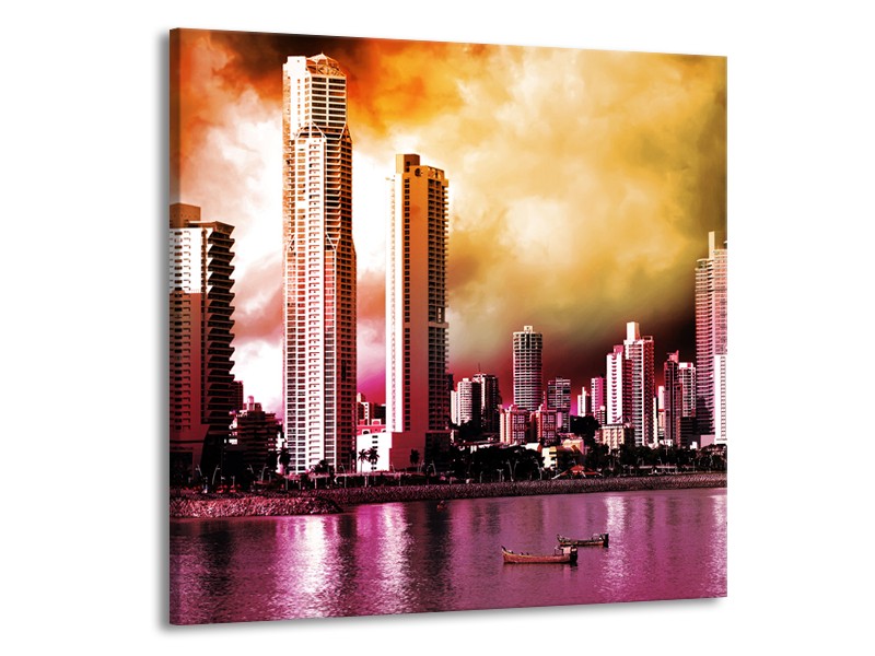 Glas schilderij Wolkenkrabber | Paars, Bruin, Roze | 50x50cm 1Luik