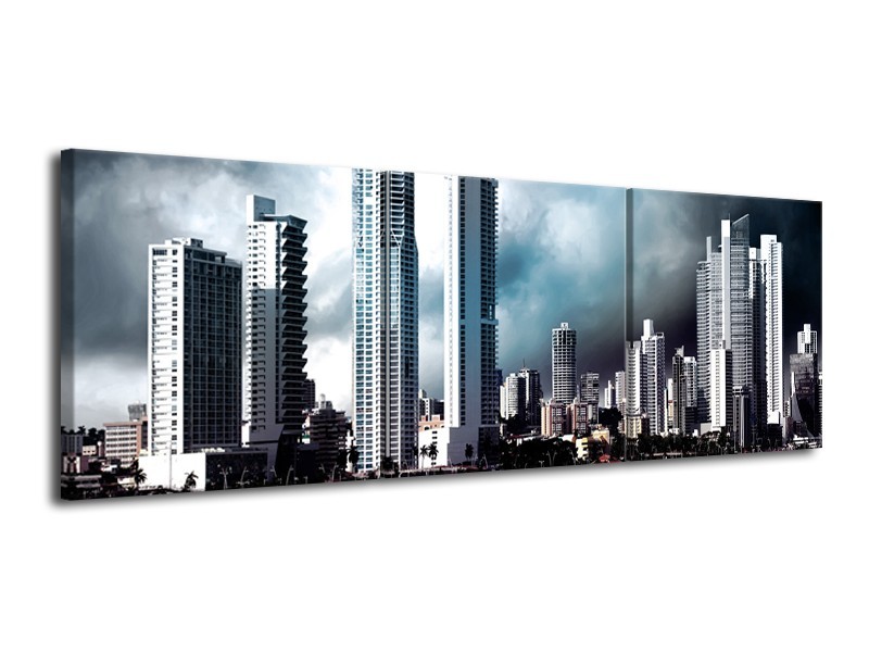 Glas schilderij Wolkenkrabber | Blauw, Paars, Grijs | 120x40cm 3Luik