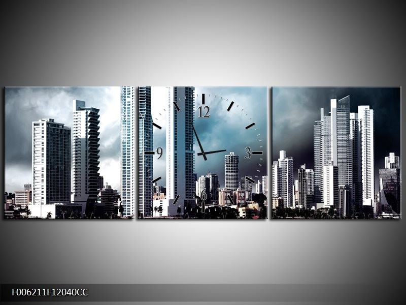 Klok schilderij Wolkenkrabber | Blauw, Paars, Grijs | 120x40cm 3Luik