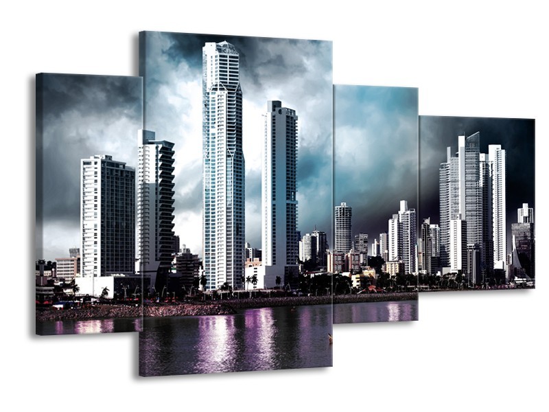 Glas schilderij Wolkenkrabber | Blauw, Paars, Grijs | 120x75cm 4Luik