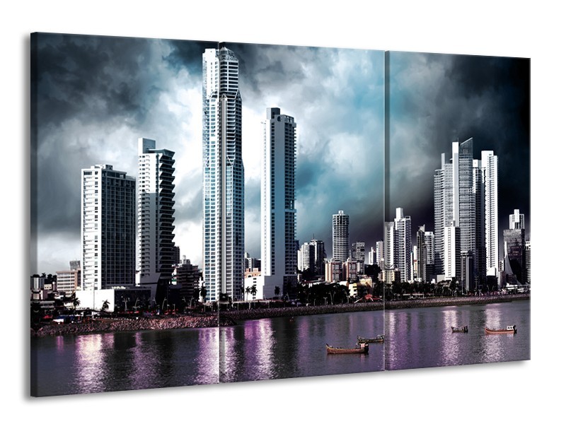 Glas schilderij Wolkenkrabber | Blauw, Paars, Grijs | 165x100cm 3Luik