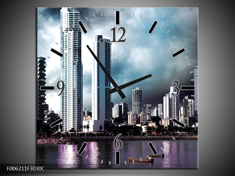 Klok schilderij Wolkenkrabber | Blauw, Paars, Grijs | 30x30cm 1Luik