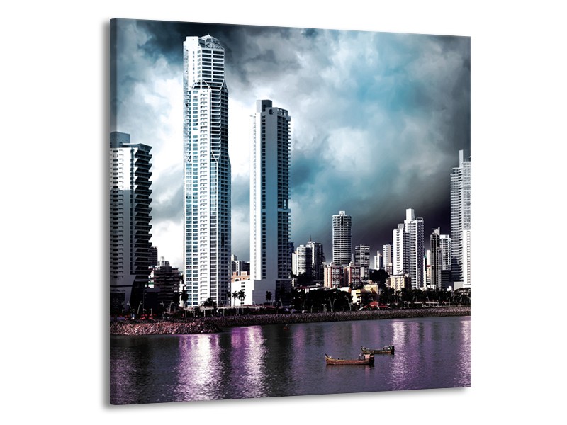 Glas schilderij Wolkenkrabber | Blauw, Paars, Grijs | 50x50cm 1Luik