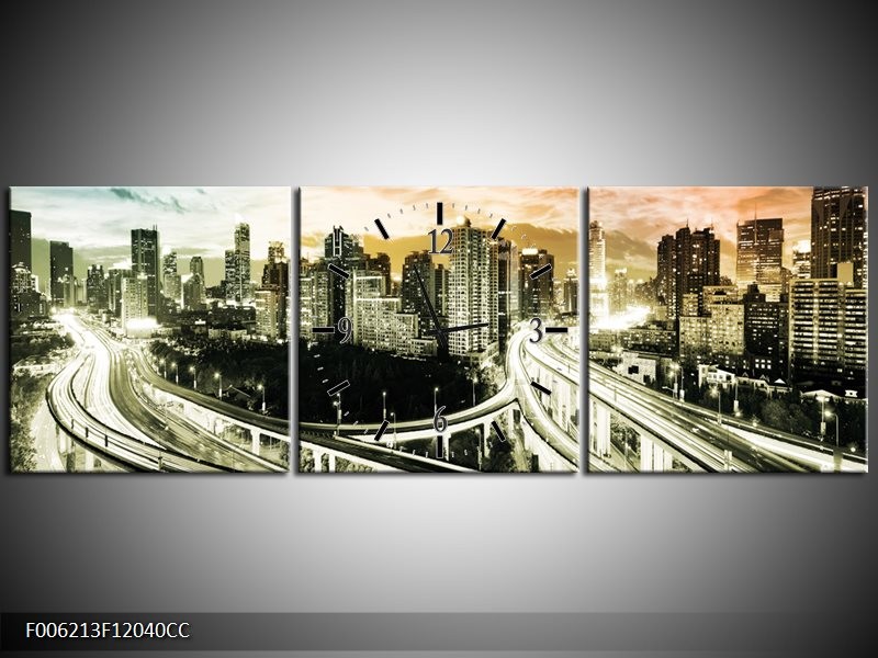 Klok schilderij Wolkenkrabber | Grijs, Blauw, Bruin | 120x40cm 3Luik