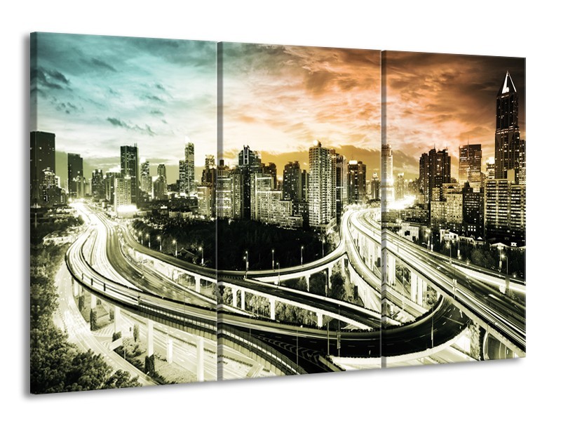 Glas schilderij Wolkenkrabber | Grijs, Blauw, Bruin | 165x100cm 3Luik