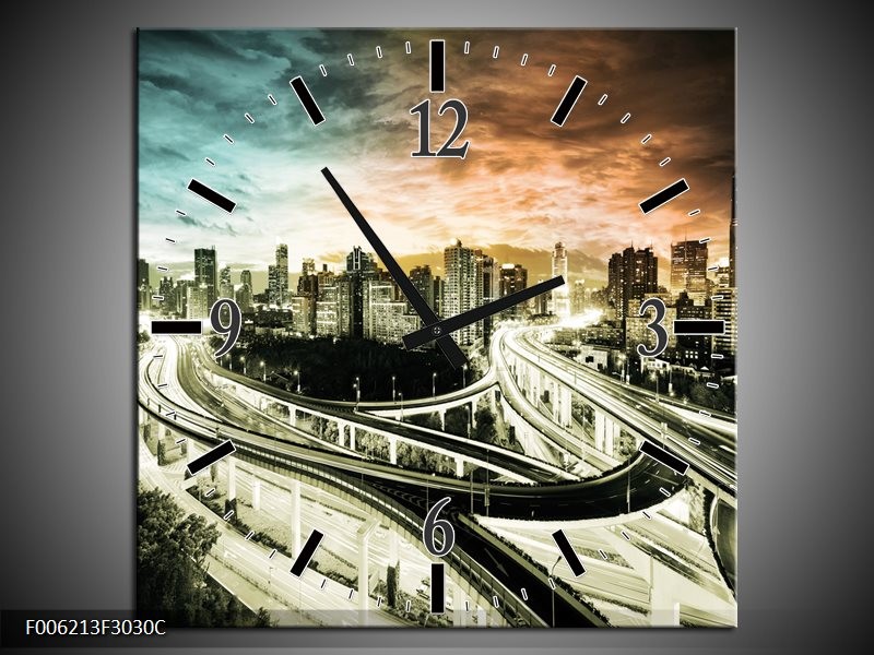 Klok schilderij Wolkenkrabber | Grijs, Blauw, Bruin | 30x30cm 1Luik