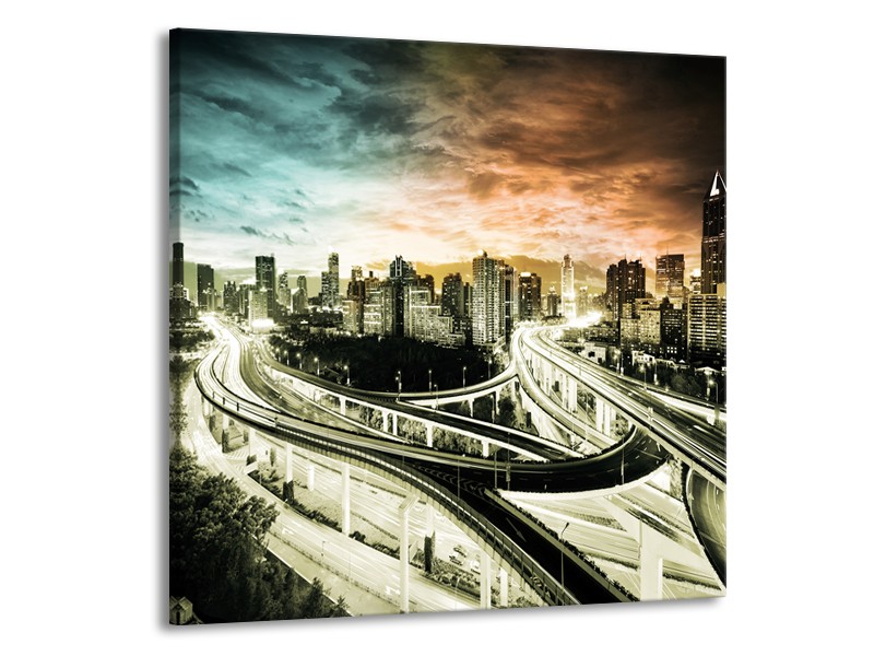 Glas schilderij Wolkenkrabber | Grijs, Blauw, Bruin | 50x50cm 1Luik