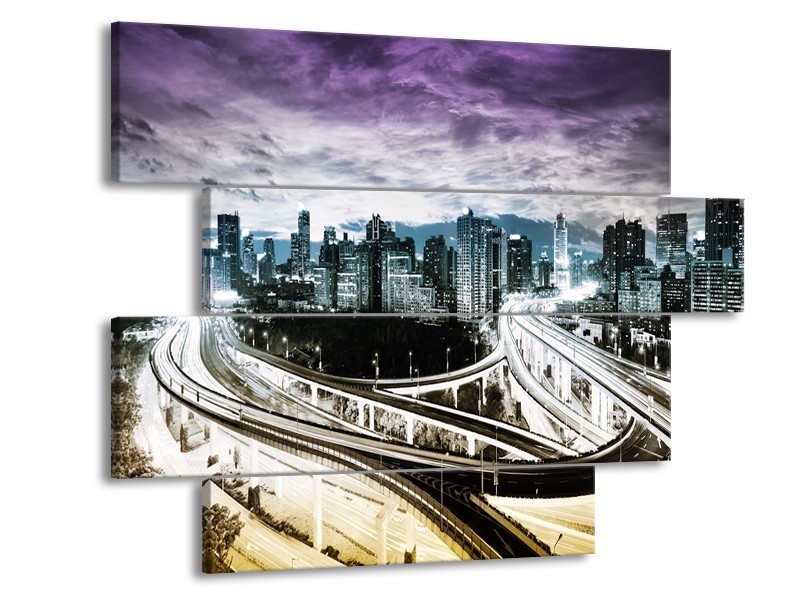 Glas schilderij Wolkenkrabber | Paars, Blauw, Geel | 115x85cm 4Luik