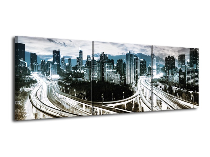 Glas schilderij Wolkenkrabber | Paars, Blauw, Geel | 120x40cm 3Luik