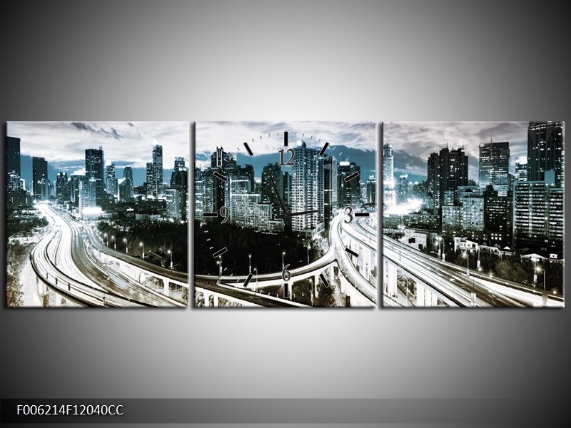 Klok schilderij Wolkenkrabber | Paars, Blauw, Geel | 120x40cm 3Luik