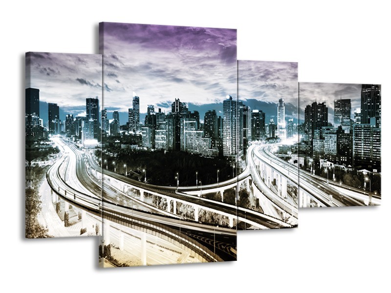 Glas schilderij Wolkenkrabber | Paars, Blauw, Geel | 120x75cm 4Luik