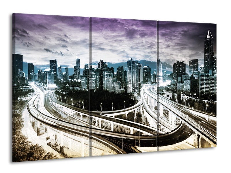 Glas schilderij Wolkenkrabber | Paars, Blauw, Geel | 165x100cm 3Luik