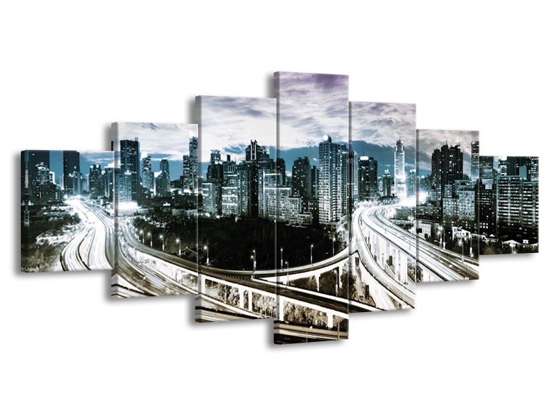 Glas schilderij Wolkenkrabber | Paars, Blauw, Geel | 210x100cm 7Luik