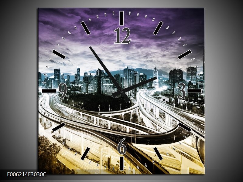 Klok schilderij Wolkenkrabber | Paars, Blauw, Geel | 30x30cm 1Luik