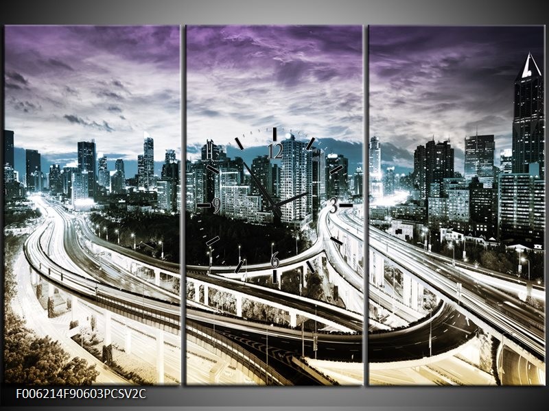 Klok schilderij Wolkenkrabber | Paars, Blauw, Geel | 90x60cm 3Luik