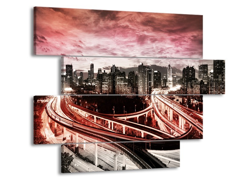 Glas schilderij Wolkenkrabber | Rood, Roze, Grijs | 115x85cm 4Luik