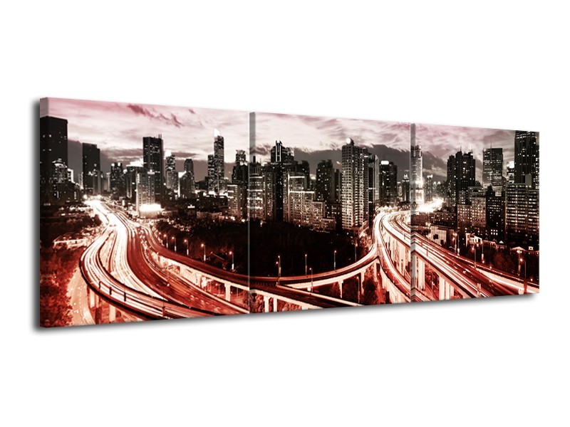 Glas schilderij Wolkenkrabber | Rood, Roze, Grijs | 120x40cm 3Luik