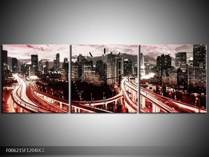 Klok schilderij Wolkenkrabber | Rood, Roze, Grijs | 120x40cm 3Luik