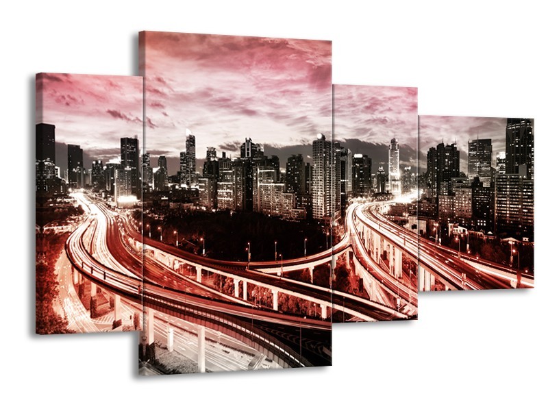 Glas schilderij Wolkenkrabber | Rood, Roze, Grijs | 120x75cm 4Luik