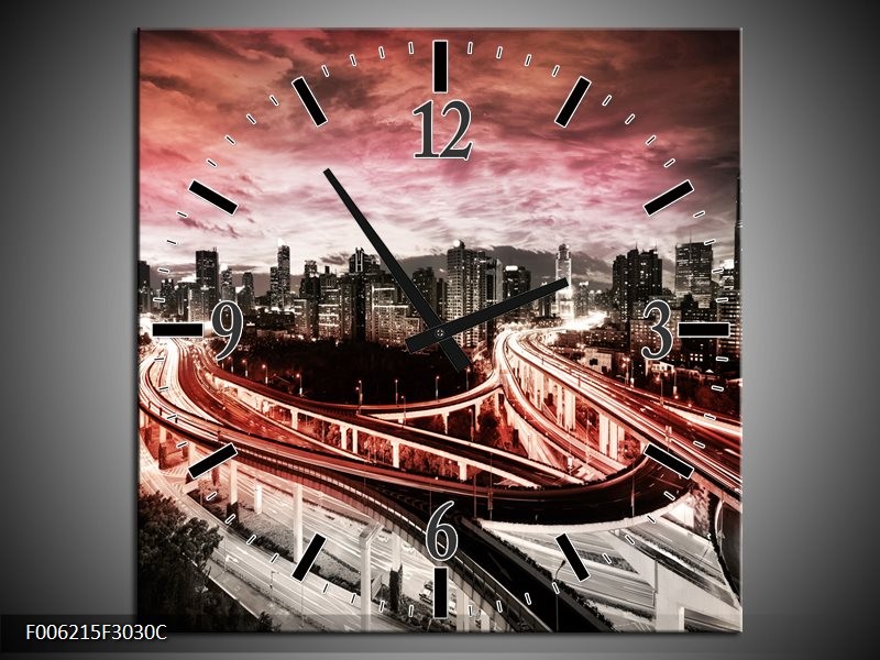Klok schilderij Wolkenkrabber | Rood, Roze, Grijs | 30x30cm 1Luik