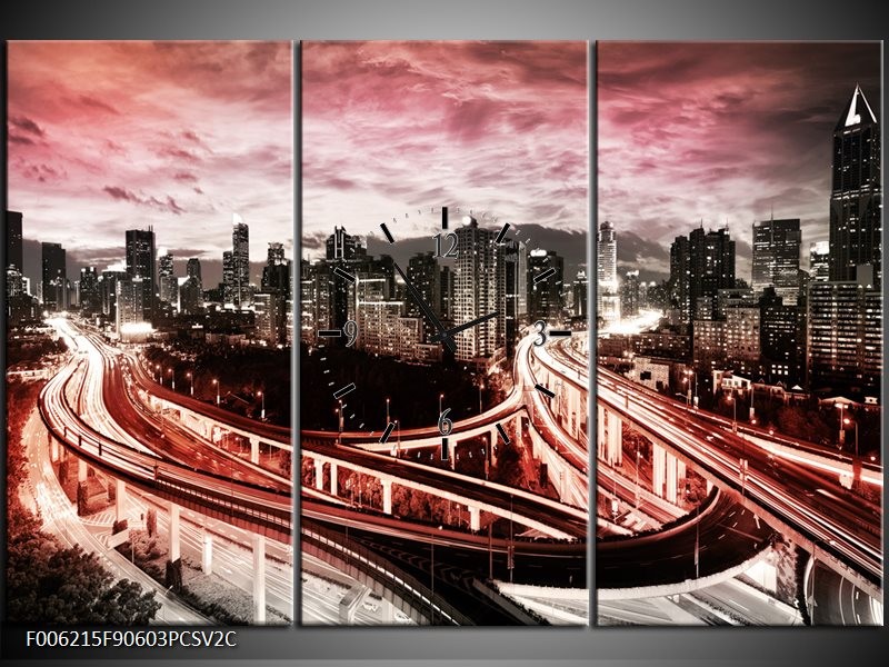 Klok schilderij Wolkenkrabber | Rood, Roze, Grijs | 90x60cm 3Luik