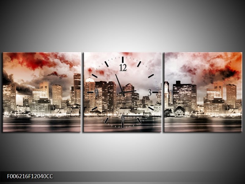 Klok schilderij Wolkenkrabber | Grijs, Rood, Bruin | 120x40cm 3Luik