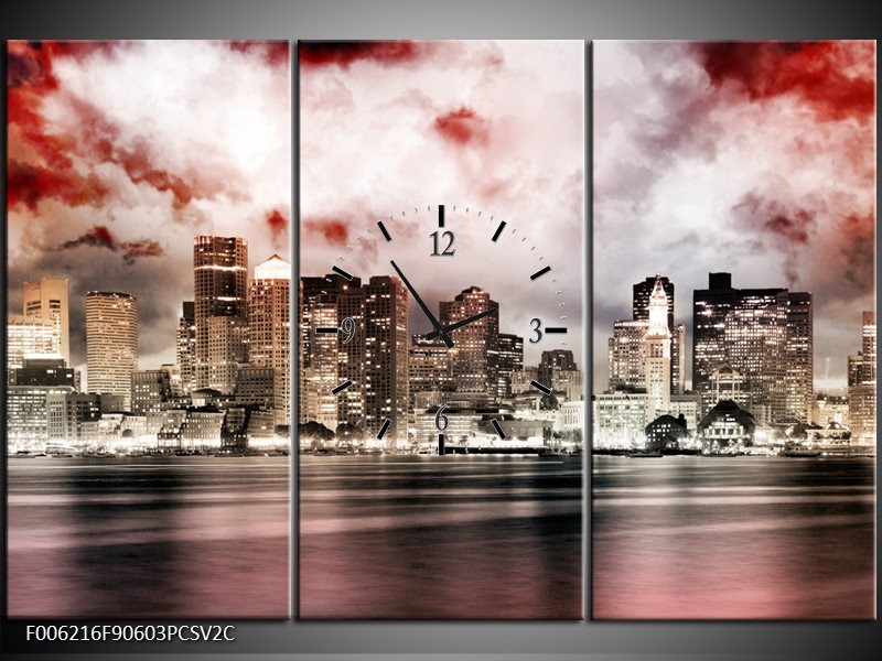 Klok schilderij Wolkenkrabber | Grijs, Rood, Bruin | 90x60cm 3Luik